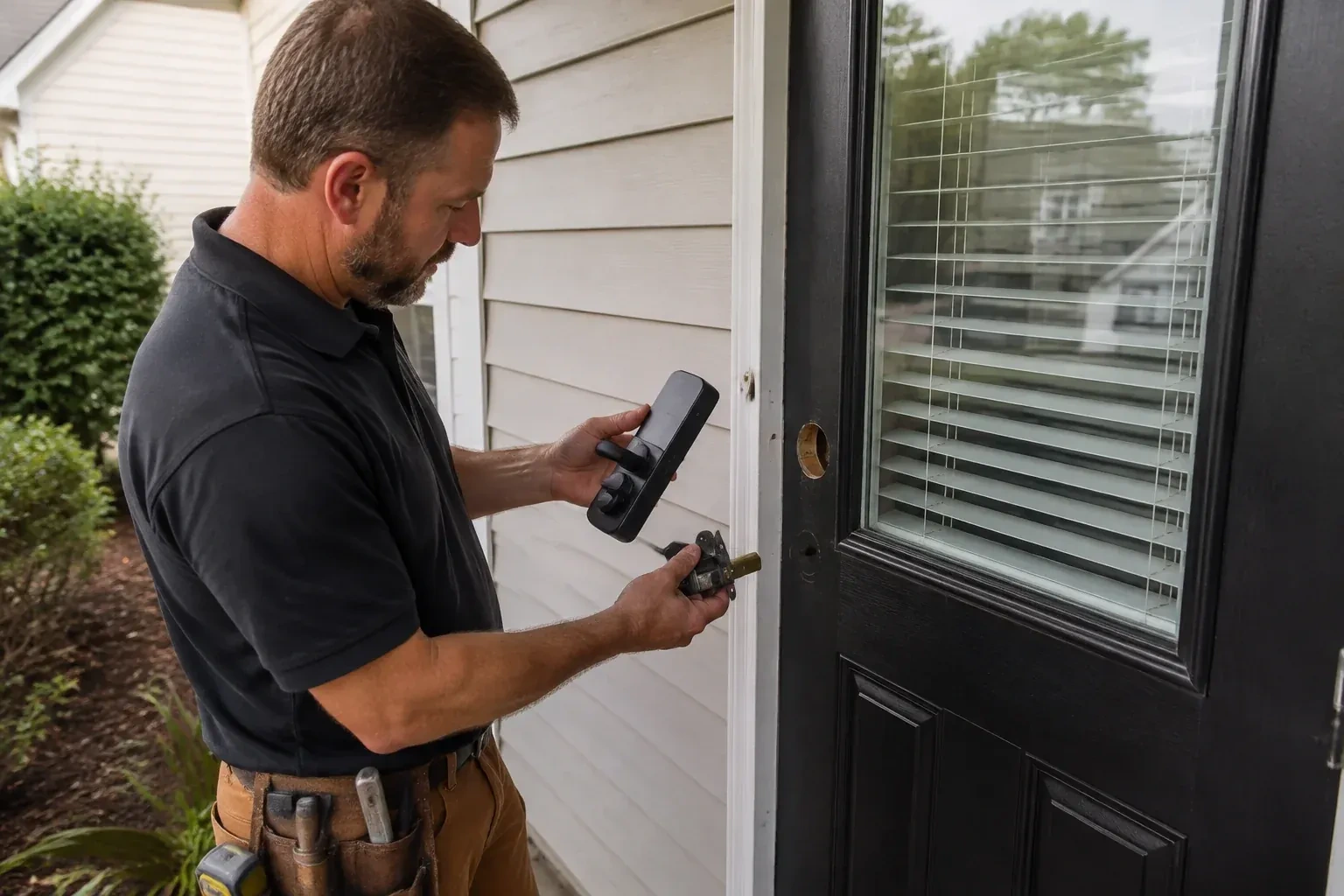 Person holding a black door-handle assembly and a latch beside a glazed door with exposed lock openings. — Smart Lock Installation, Toronto
