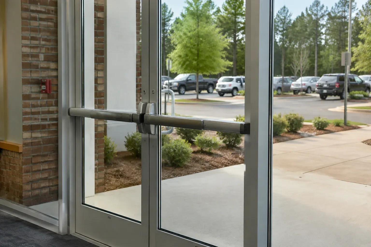 Double glass doors in metal frames with a horizontal push bar, beside a brick wall, with a parking lot and trees outside.