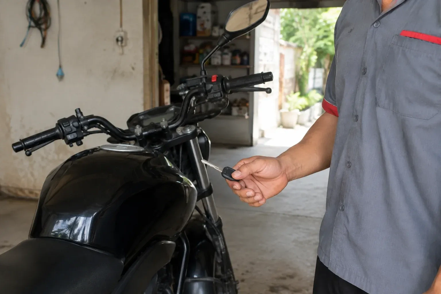 Technician holding a black-headed key beside a parked motorcycle. — Motorcycle & Scooter Keys, Toronto